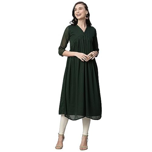 RATAN Women's Bottle Green Chiffon Self Design Flared Kurta (TBT-BTL-XXL) - Image 1