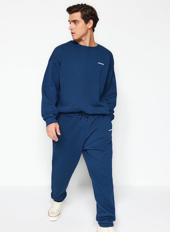 trendyol Indigo Oversized /Wide Cut Lettering Printed Warm Sweatshirt Tracksuit Set - Image 3