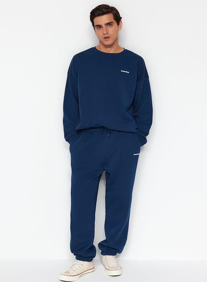trendyol Indigo Oversized /Wide Cut Lettering Printed Warm Sweatshirt Tracksuit Set - Image 2