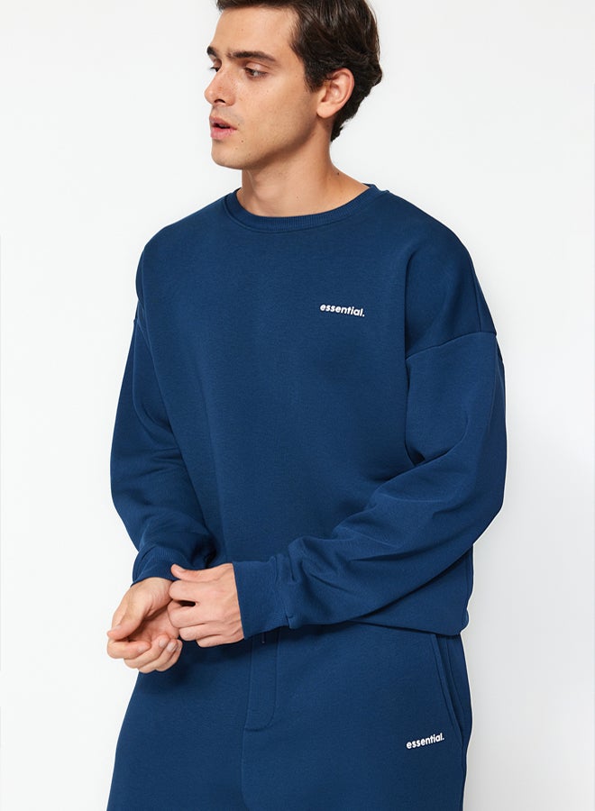 trendyol Indigo Oversized /Wide Cut Lettering Printed Warm Sweatshirt Tracksuit Set - Image 4