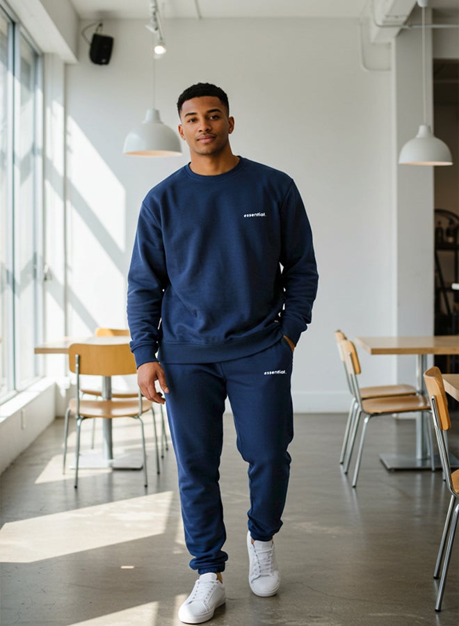 trendyol Indigo Oversized /Wide Cut Lettering Printed Warm Sweatshirt Tracksuit Set - Image 1