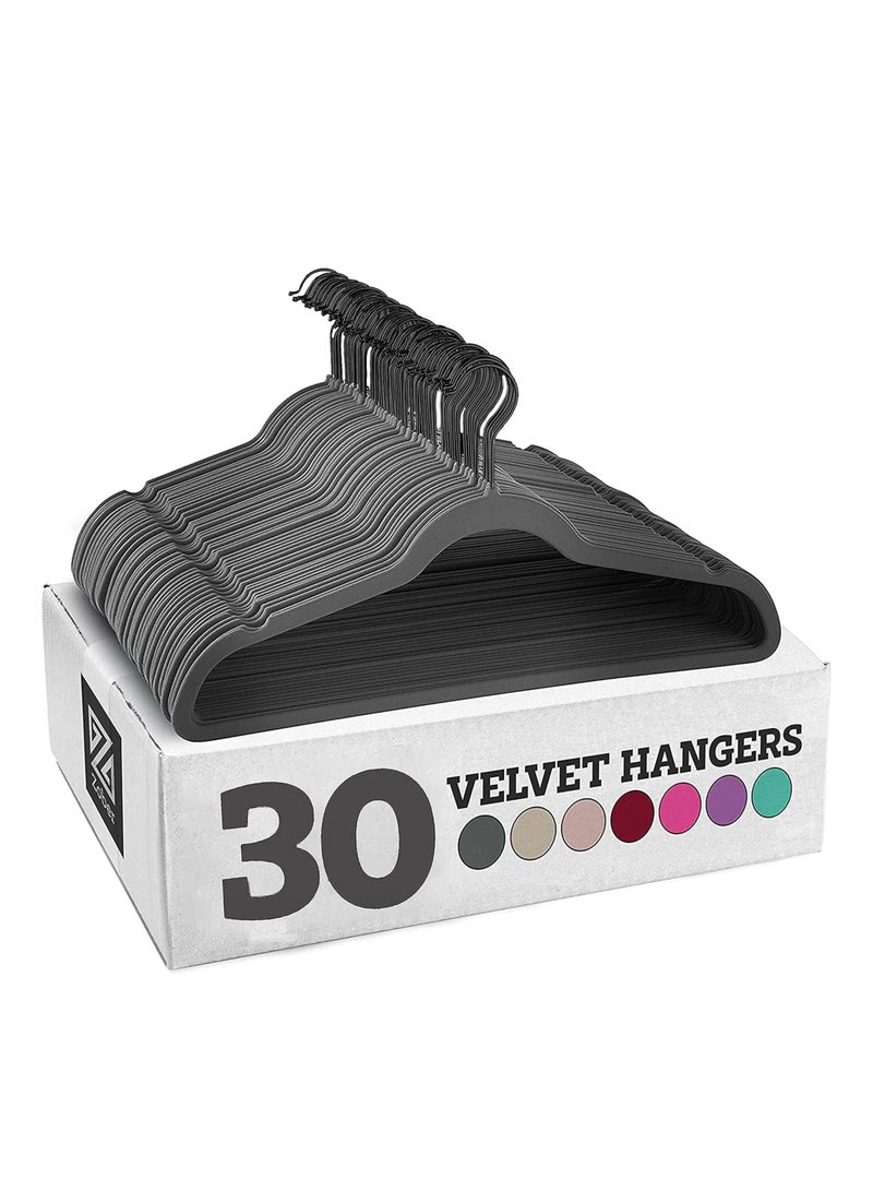 ZOBER Non-Slip Velvet Hangers With Black Hook - Space Saving 360° Swivel Hook Strong and Durable Clothes Hangers Hold Upto 10 Lbs, for Suits, Coats, Jackets, Pants, Dress Clothes (30 PACK, GREY) - Image 1