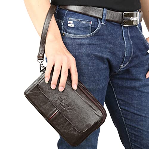KPYWZER Genuine Leather Wristlet Clutch Purse Large Wallet for Men Women Passport Card Carrier Organizer Holder Bag Pack Pouch Hand Case Handbag for Business Coffee - Image 5