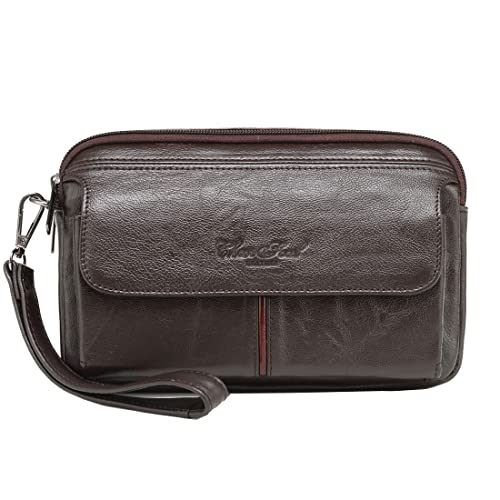 KPYWZER Genuine Leather Wristlet Clutch Purse Large Wallet for Men Women Passport Card Carrier Organizer Holder Bag Pack Pouch Hand Case Handbag for Business Coffee - Image 1