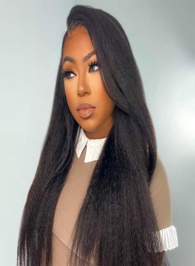BLY Glueless Wig Kinky Straight Human Hair Lace Front Wigs 7x5 HD Lace Pre Cut Pre Plucked Invisible Knots Wear and Go Yaki Straight Wig for Women 180% Density 16 Inch - Image 1
