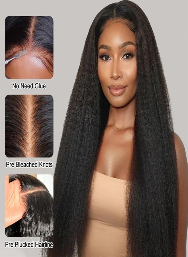BLY Glueless Wig Kinky Straight Human Hair Lace Front Wigs 7x5 HD Lace Pre Cut Pre Plucked Invisible Knots Wear and Go Yaki Straight Wig for Women 180% Density 16 Inch - Image 2