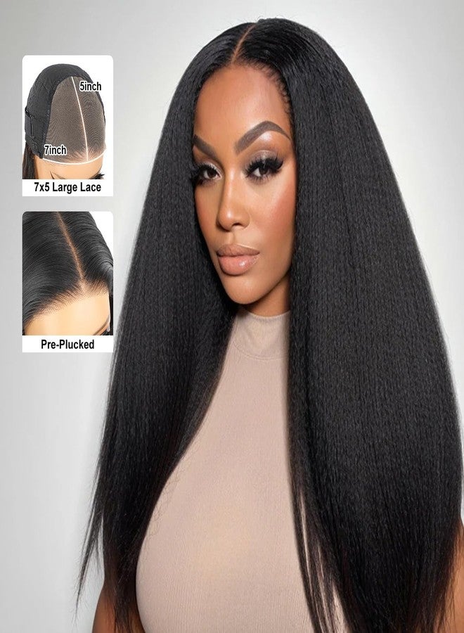 BLY Glueless Wig Kinky Straight Human Hair Lace Front Wigs 7x5 HD Lace Pre Cut Pre Plucked Invisible Knots Wear and Go Yaki Straight Wig for Women 180% Density 16 Inch - Image 5