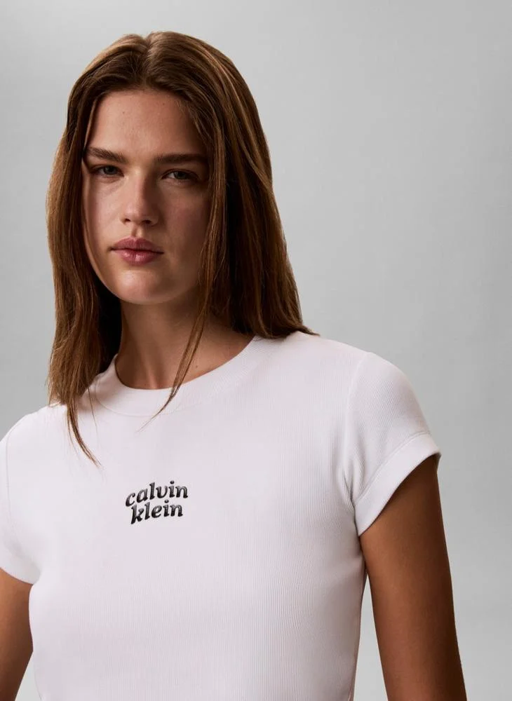 Calvin Klein Jeans Bright White Logo Cropped Crew Neck T-Shirt for Women | Best Price UAE