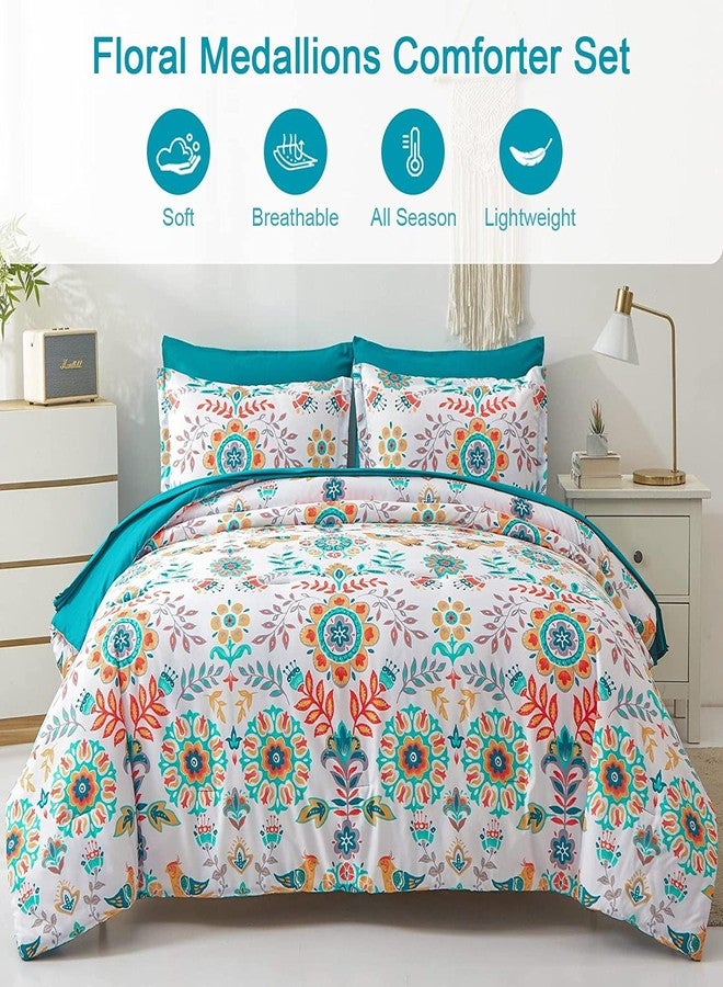 DHSFKBE Boho Comforter Set Twin - 5 Pieces Bed in a Bag Floral Medallions Design, Bohemian Comforter Set with Sheets, Soft Microfiber Complete Bedding Sets All Season (Teal Blue, Twin) - Image 2