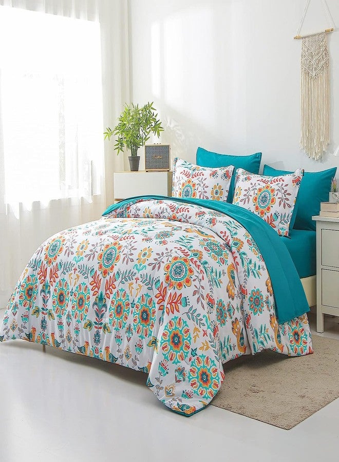 DHSFKBE Boho Comforter Set Twin - 5 Pieces Bed in a Bag Floral Medallions Design, Bohemian Comforter Set with Sheets, Soft Microfiber Complete Bedding Sets All Season (Teal Blue, Twin) - Image 3