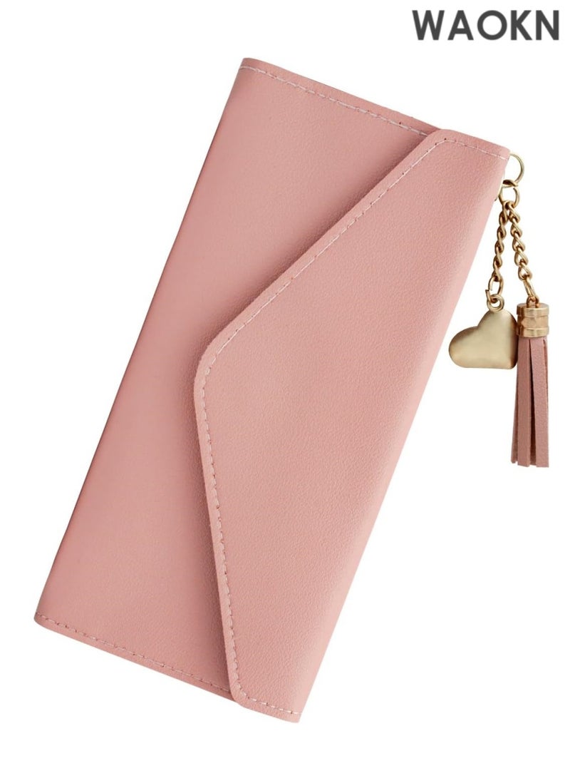 WAOKN Upgrade your accessory game with this charming trifold wallet, designed for women who love style, functionality, and a touch of femininity. Crafted from high-quality PU leather, Its slim, elongated design fits perfectly in your purse, while the adorable heart pendant tassel adds a playful yet sophisticated accent.（Pink） - Image 1