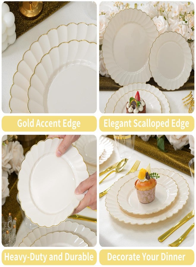 ISFANGCO 72PCS Ivory Scalloped Plastic Plates for 36 Guests, Elegant Fancy Disposable Plate with Gold Rim for Wedding Party, 36 Dinner Plates 10.25", 36 Dessert Plates 7.25" - Image 4