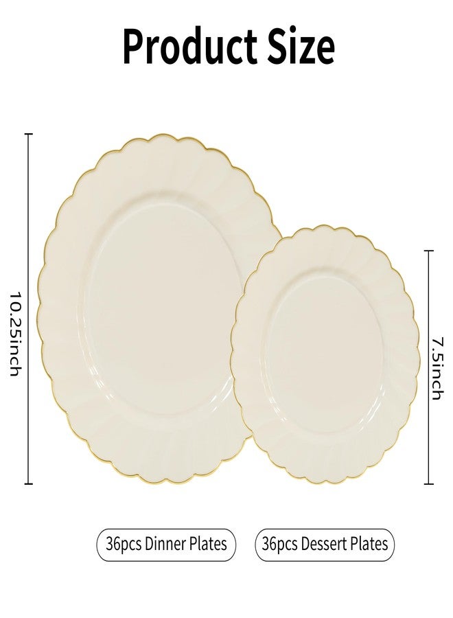 ISFANGCO 72PCS Ivory Scalloped Plastic Plates for 36 Guests, Elegant Fancy Disposable Plate with Gold Rim for Wedding Party, 36 Dinner Plates 10.25", 36 Dessert Plates 7.25" - Image 2