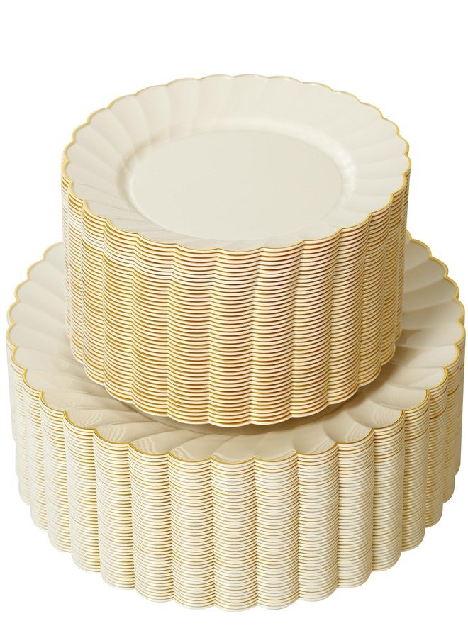 ISFANGCO 72PCS Ivory Scalloped Plastic Plates for 36 Guests, Elegant Fancy Disposable Plate with Gold Rim for Wedding Party, 36 Dinner Plates 10.25", 36 Dessert Plates 7.25" - Image 1
