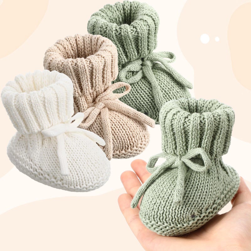Evervibe 3 Pairs Knitted Baby Booties 0-6 Months Newborn Baby Shoes First Walkers Cozy Shoes for Infant Girl Boy(White, Green, Light Camel,Classic) - Image 2