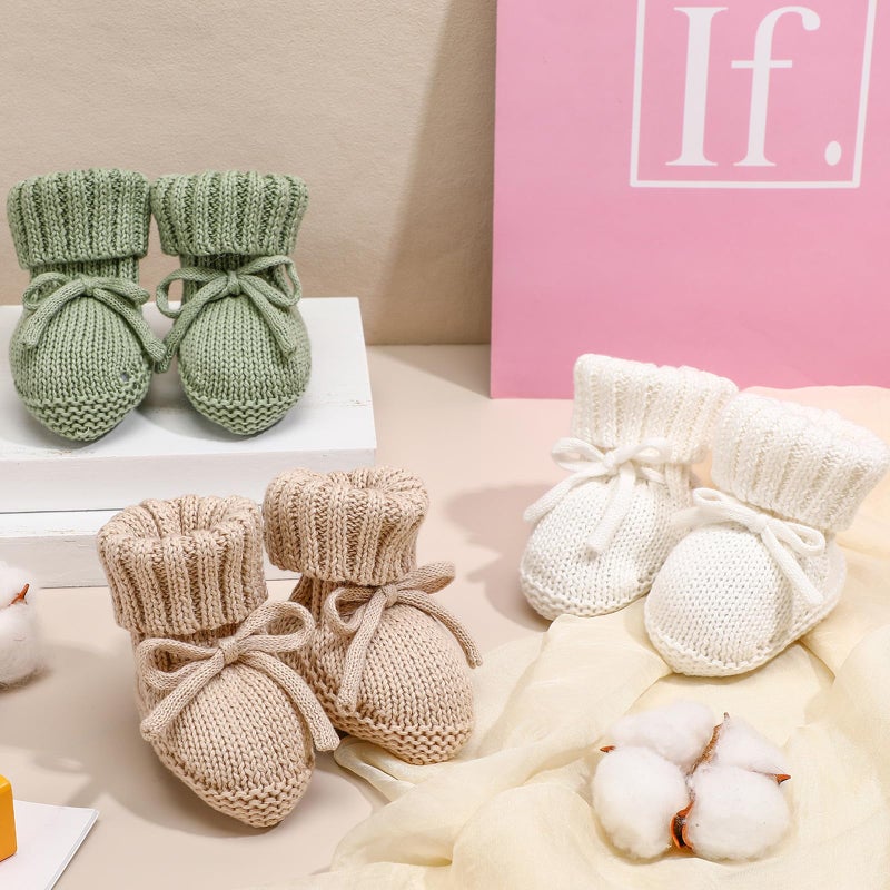 Evervibe 3 Pairs Knitted Baby Booties 0-6 Months Newborn Baby Shoes First Walkers Cozy Shoes for Infant Girl Boy(White, Green, Light Camel,Classic) - Image 3