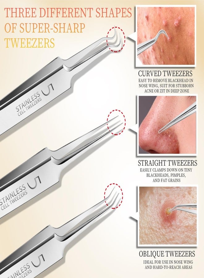 DIANZHU 4 Pcs Professional Blackhead Tweezers and Pimple Popper Tool Kit, Stainless Steel Cell Tweezers for Blackhead, Pimple, Whitehead, Ance - Image 3