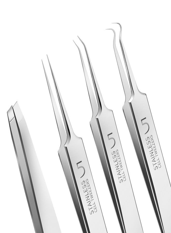 DIANZHU 4 Pcs Professional Blackhead Tweezers and Pimple Popper Tool Kit, Stainless Steel Cell Tweezers for Blackhead, Pimple, Whitehead, Ance - Image 1