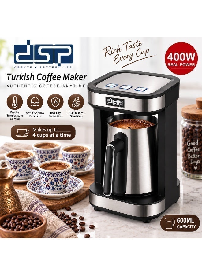 دي اس بي ماكينة تحضير القهوة التركية DSP KA3186، قدرة 400 وات، سعة 600 مل، تحضير حتى 4 فناجين، تحكم دقيق في الحرارة، مانع للفوران وحماية من التشغيل بدون ماء، إبريق ستانلس ستيل 304 - Image 4