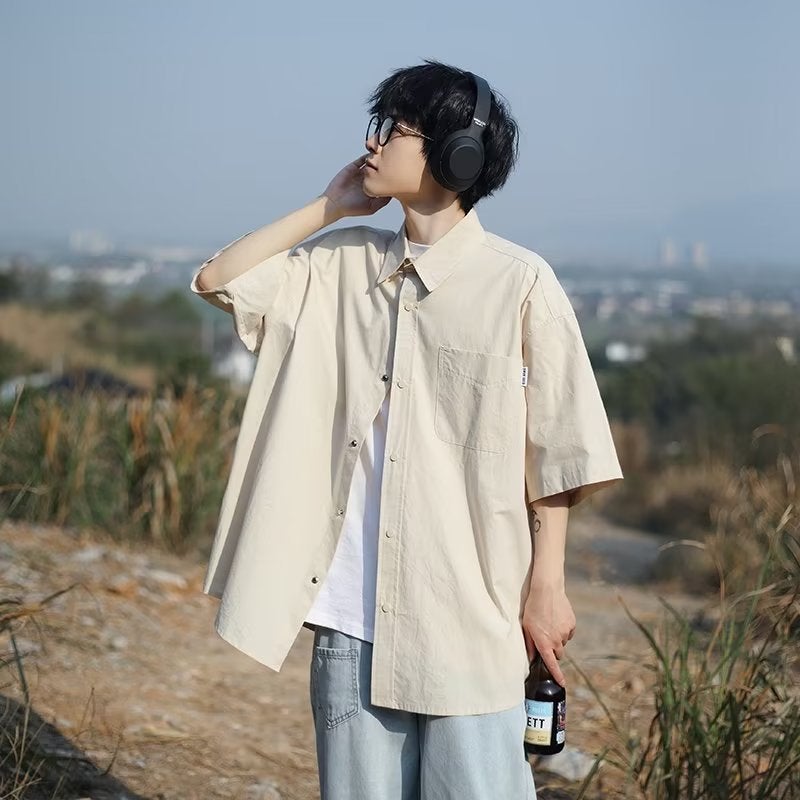 Summer Japanese Style cityboy Retro Short-sleeved Shirt Boys Loose All-match Couple Casual Outer-wear Half-sleeved Shirt