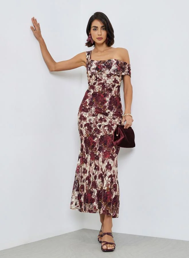 Red One-Shoulder Floral Lace Maxi Dress