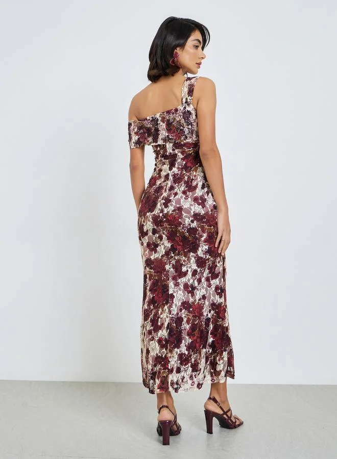 Styli  Red One-Shoulder Floral Lace Maxi Dress for Women | Best Price UAE