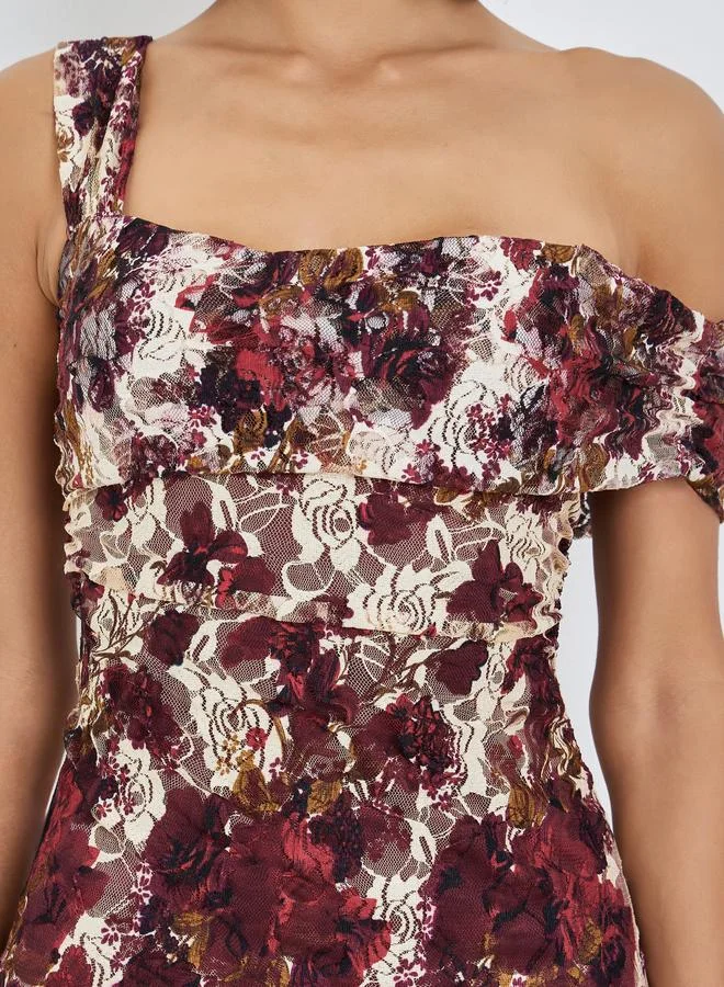 Styli  Red One-Shoulder Floral Lace Maxi Dress for Women | Best Price UAE