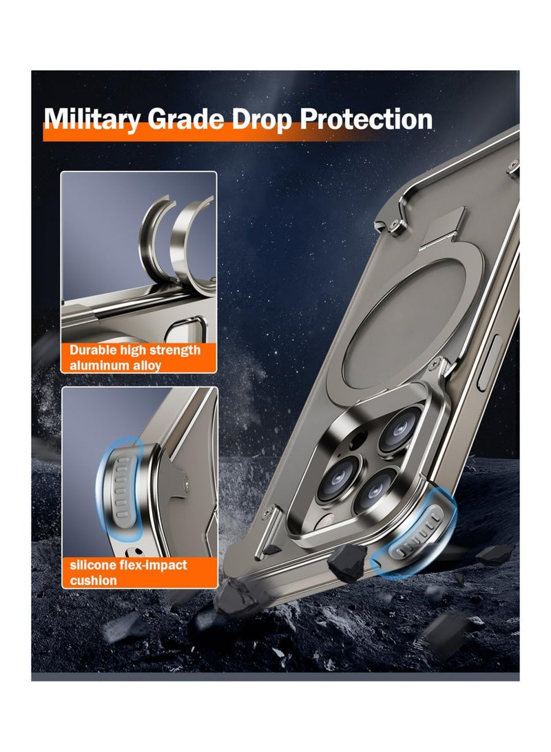 SOLARAE حافظة معدنية بدون إطار لهاتف آيفون 15 بروماكس مع قاعدة ماغسيف [حماية الشاشة]، رقيقة وصلبة ومضادة للصدمات لهاتف آيفون 15 برو ماكس مع حامل حلقة قاعدة غير مرئية، تيتانيوم طبيعي - Image 5