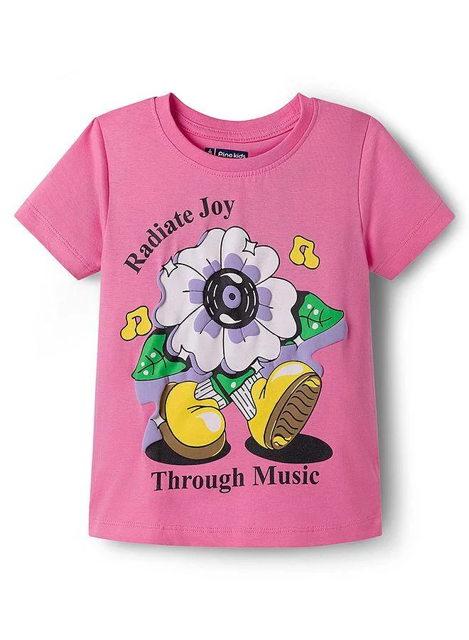 Pine Kids Pine Kids Cotton Knit Half Sleeves T-Shirt with Floral Print - Pink