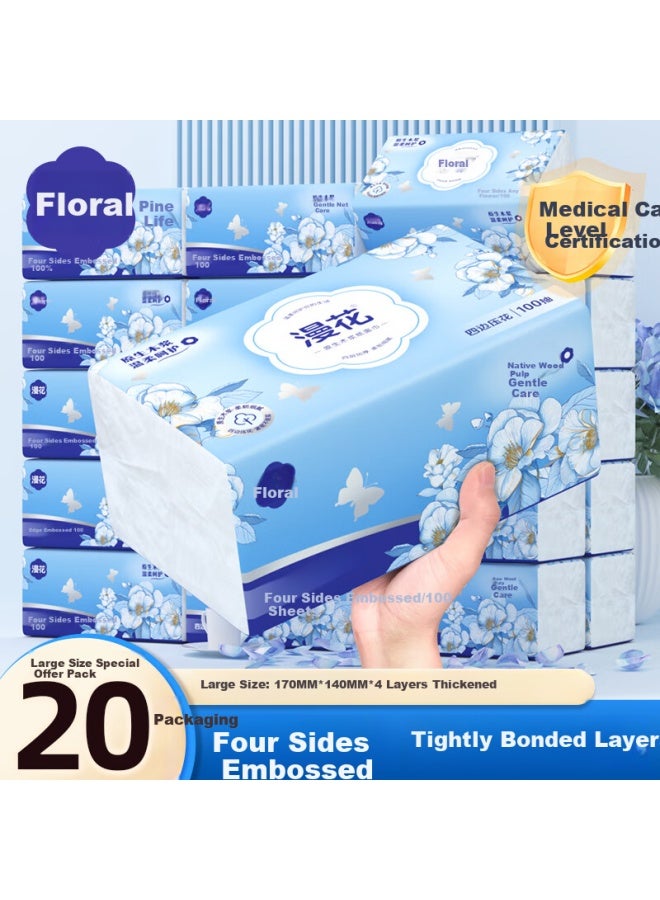 Diffuse Flowers Manhua Blue Tea Flower Facial Tissues, 4-ply, 400 Sheets, 20 Large Packs Box, For Home Use, Napkins, Face Tissues, Toilet Paper - Image 1