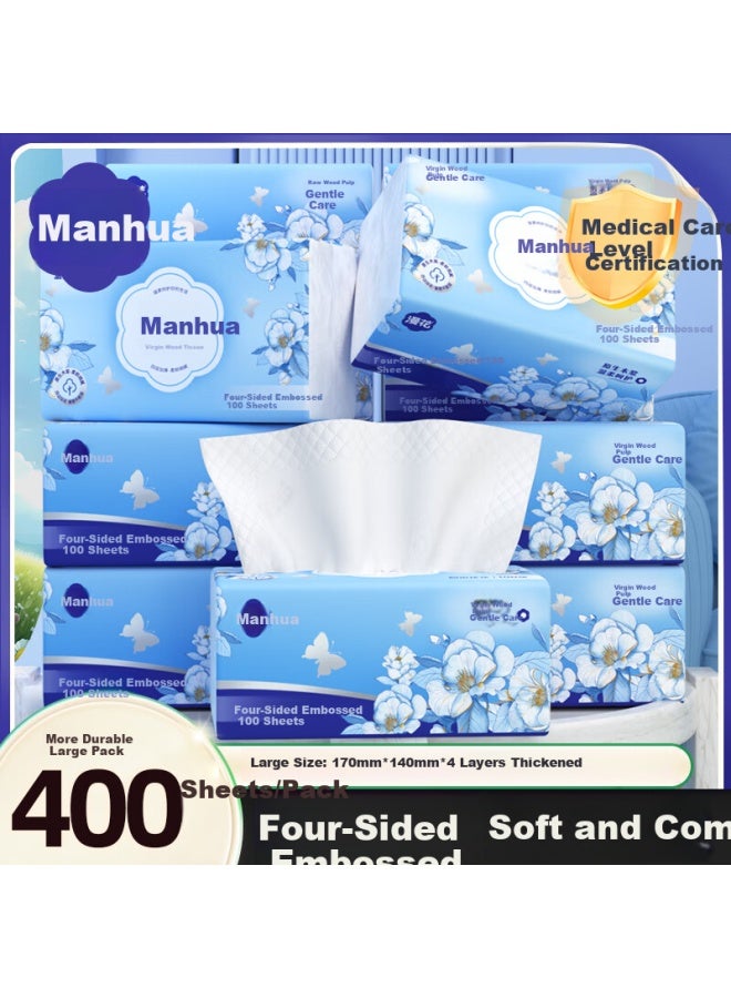 Diffuse Flowers Manhua Blue Tea Flower Facial Tissues, 4-ply, 400 Sheets, 20 Large Packs Box, For Home Use, Napkins, Face Tissues, Toilet Paper - Image 5