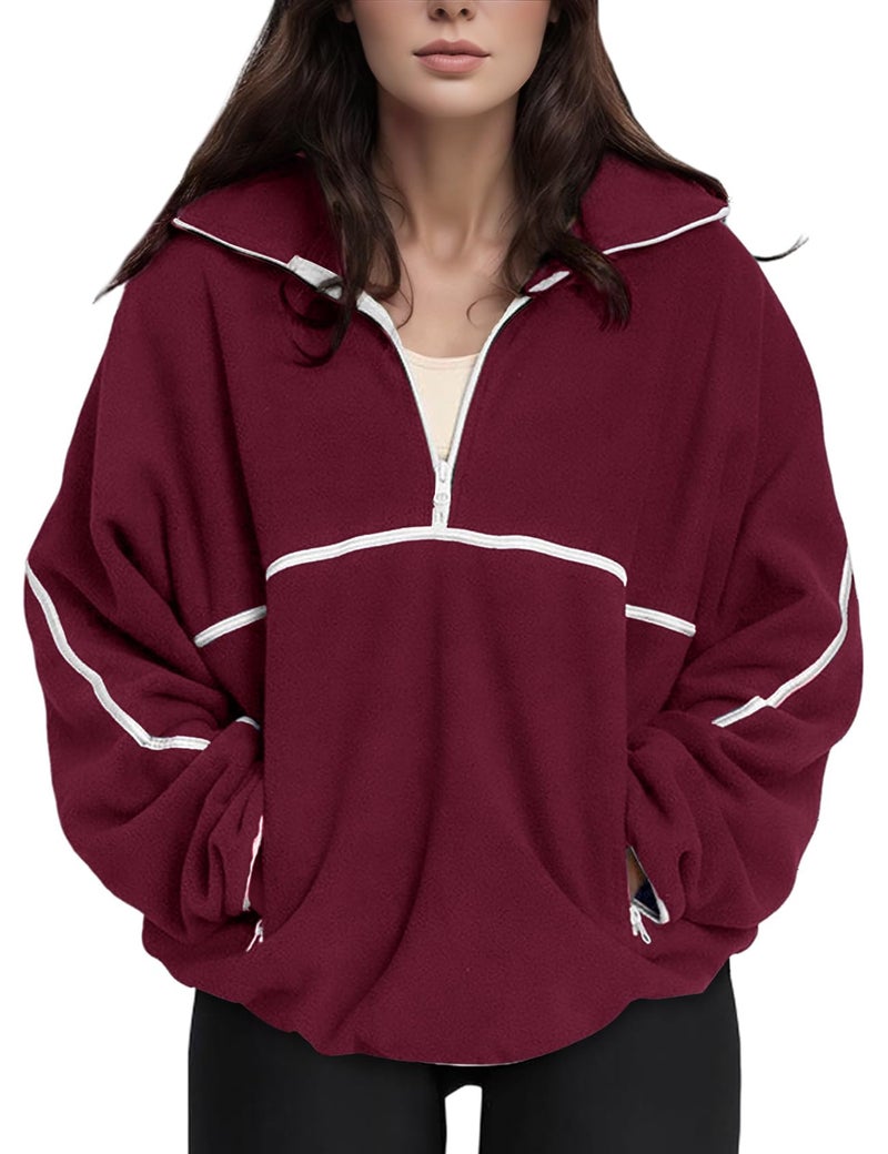 Yimoon Womens Half Zip Fleece Pullover Oversized Sherpa Sweatshirt Jacket Long Sleeve Warm Fuzzy Sweaters with Pockets(Maroon-S) - Image 1