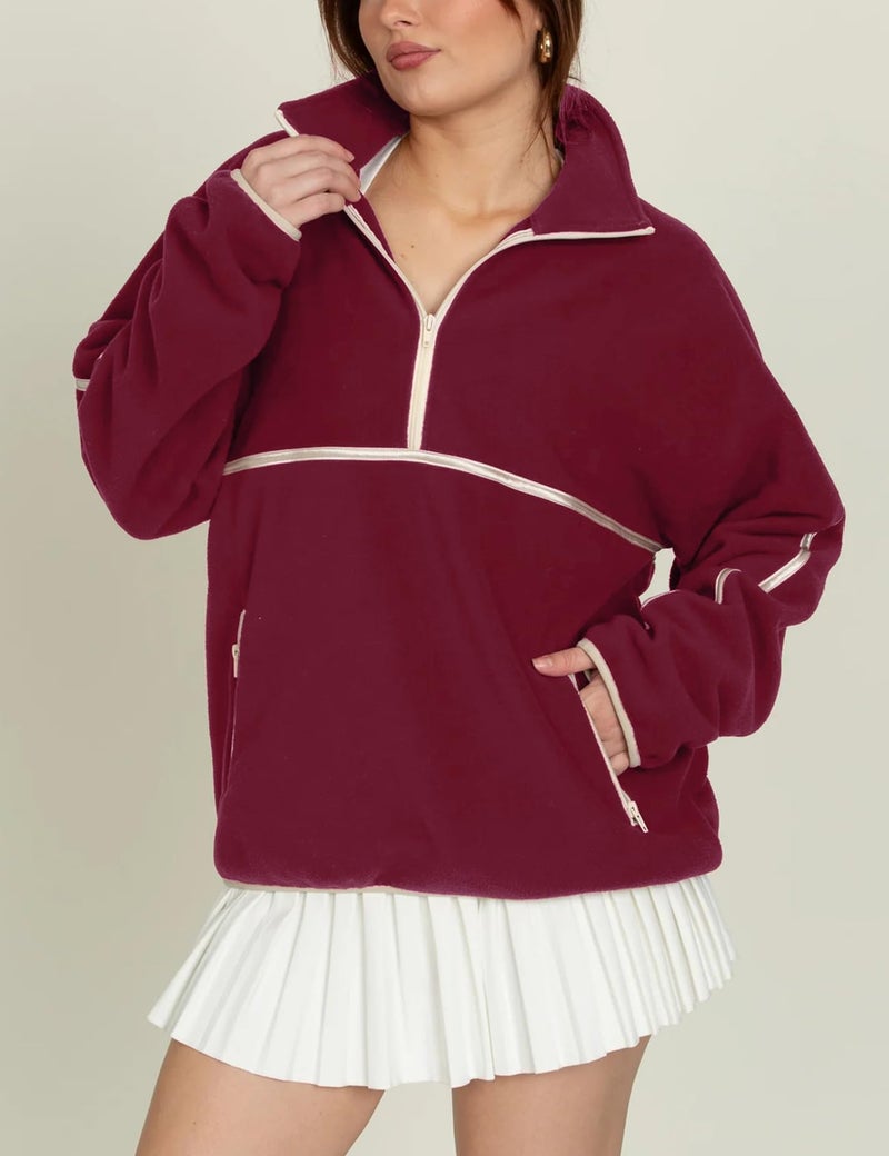 Yimoon Womens Half Zip Fleece Pullover Oversized Sherpa Sweatshirt Jacket Long Sleeve Warm Fuzzy Sweaters with Pockets(Maroon-S) - Image 2