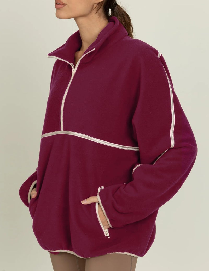 Yimoon Womens Half Zip Fleece Pullover Oversized Sherpa Sweatshirt Jacket Long Sleeve Warm Fuzzy Sweaters with Pockets(Maroon-S) - Image 3