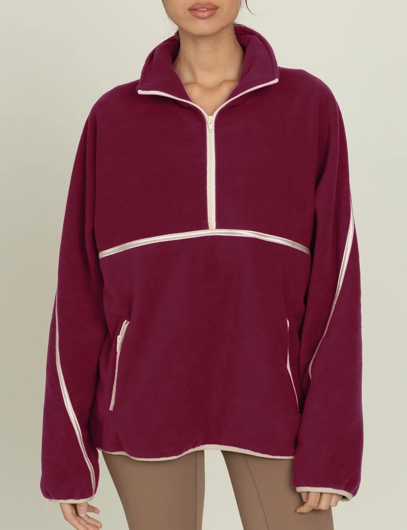 Yimoon Womens Half Zip Fleece Pullover Oversized Sherpa Sweatshirt Jacket Long Sleeve Warm Fuzzy Sweaters with Pockets(Maroon-S) - Image 5