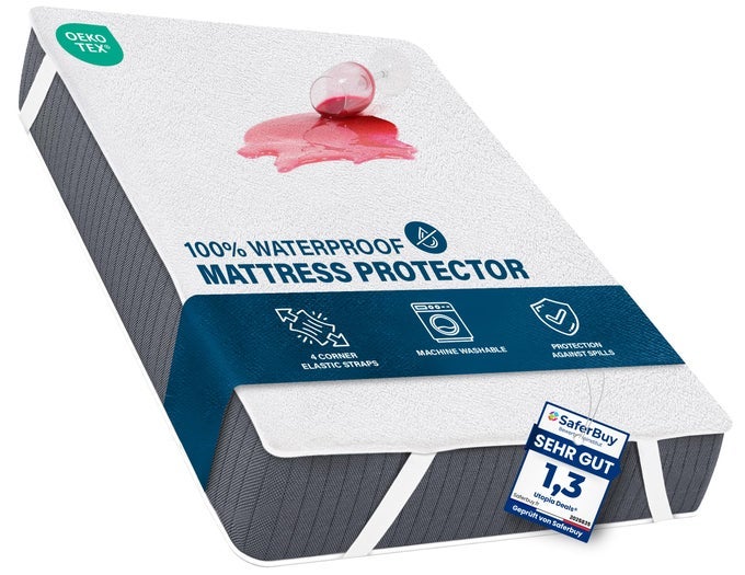 WATERPROOF STRAP MATTRESS PROTECTOR SINGLE BED 90 X 190 CM WHITE FITS UP TO 30CM DEEP MATTRESSES PREMIUM TERRY MATTRESS PROTECTOR 4 SIDE ELASTIC STRAP SINGLE MATTRESS COVER