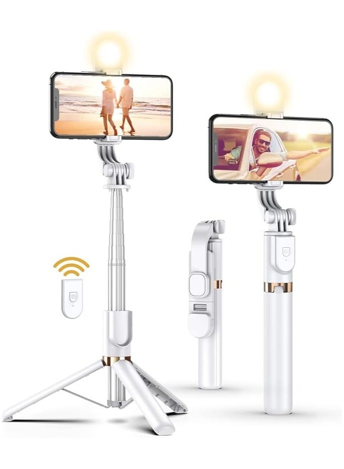 Selfie Stick with Light,Long Selfie Stick with Tripod Stand,Bluetooth Mobile Selfie Stick for Mobile Phone, Makeup,Selfie,Vlogging,Youtube,Live,Iphone (white)  - Image 1