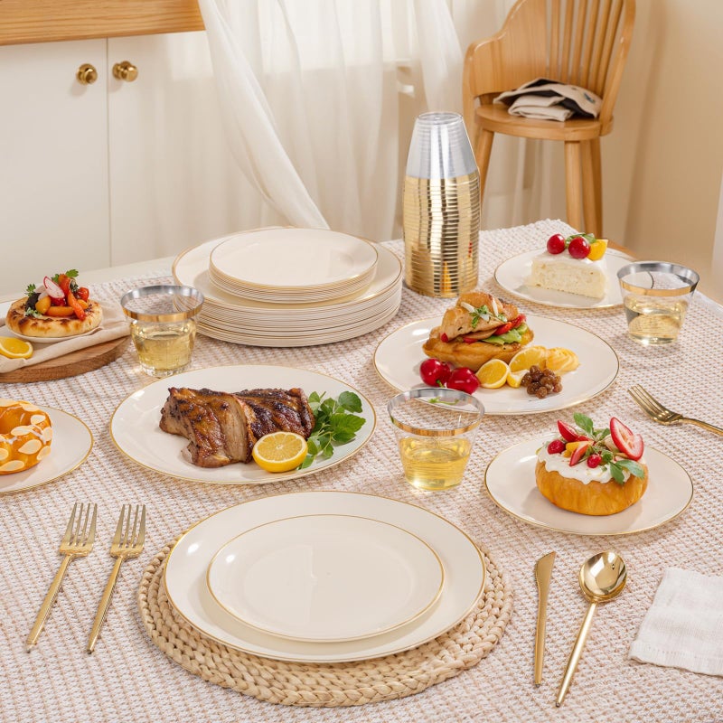 bUCLA 150PCS Ivory Plastic Plates with Gold Trim - Heavy Duty Cream Plastic Disposable for Party & Wedding - Include 25 Eachï¼ˆDinner & Dessertï¼‰ Plates, 25 Knives, 25 Forks, 25 Spoons & 25 Cups - Image 5