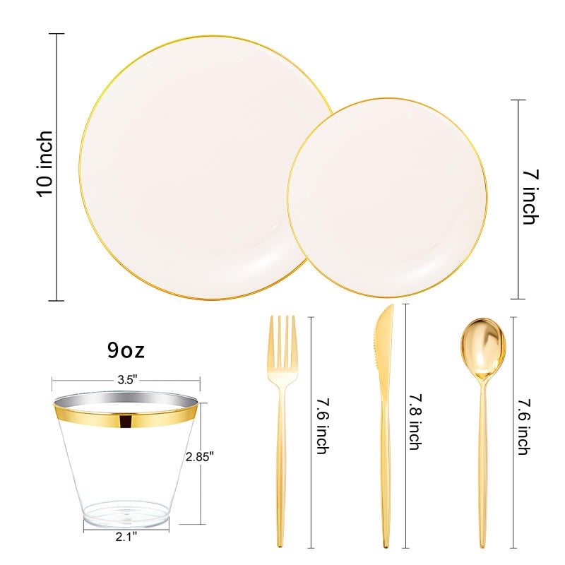bUCLA 150PCS Ivory Plastic Plates with Gold Trim - Heavy Duty Cream Plastic Disposable for Party & Wedding - Include 25 Eachï¼ˆDinner & Dessertï¼‰ Plates, 25 Knives, 25 Forks, 25 Spoons & 25 Cups - Image 2
