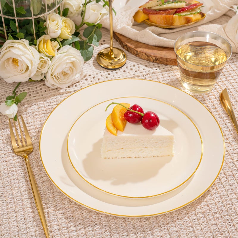 bUCLA 150PCS Ivory Plastic Plates with Gold Trim - Heavy Duty Cream Plastic Disposable for Party & Wedding - Include 25 Eachï¼ˆDinner & Dessertï¼‰ Plates, 25 Knives, 25 Forks, 25 Spoons & 25 Cups - Image 3