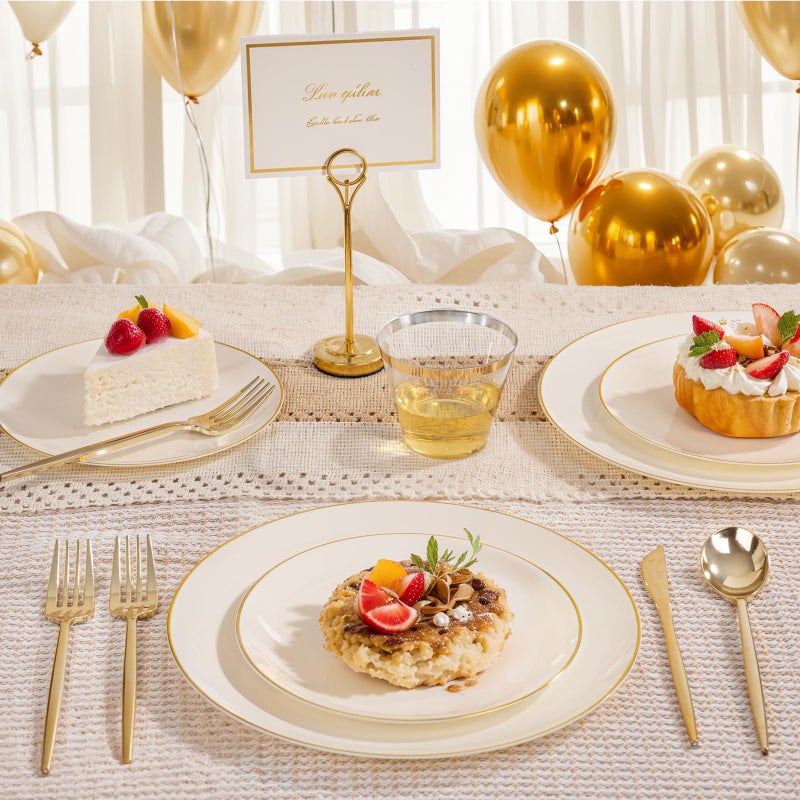bUCLA 150PCS Ivory Plastic Plates with Gold Trim - Heavy Duty Cream Plastic Disposable for Party & Wedding - Include 25 Eachï¼ˆDinner & Dessertï¼‰ Plates, 25 Knives, 25 Forks, 25 Spoons & 25 Cups - Image 4