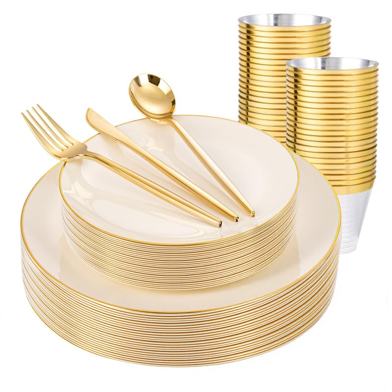bUCLA 150PCS Ivory Plastic Plates with Gold Trim - Heavy Duty Cream Plastic Disposable for Party & Wedding - Include 25 Eachï¼ˆDinner & Dessertï¼‰ Plates, 25 Knives, 25 Forks, 25 Spoons & 25 Cups - Image 1
