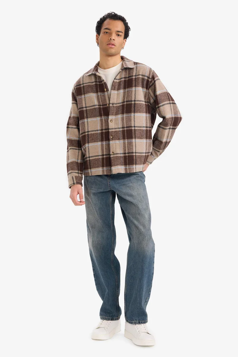ديفاكتو Boxy Fit Shirt Collar Flanel Long Sleeve Shirt
