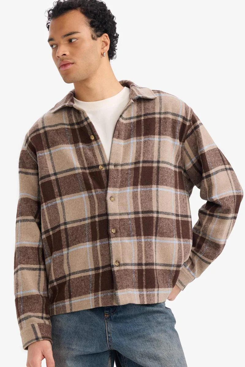 ديفاكتو Boxy Fit Shirt Collar Flanel Long Sleeve Shirt