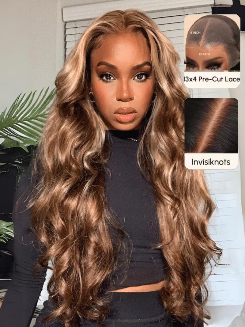 UNICE Pre Everything 13X4 Pre Cut Lace Front Glueless Wig Brown Blonde Highlight Body Wave Wig Pre Bleached Invisible Bye Bye Knots Wig Human Hair Pre Plucked 150% Density 18inch - Image 2