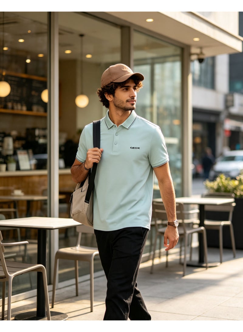 GEOX Men Classic Striped Collar Short Sleeve Polo Shirt Daily Business Casual Wear Light Mint Green - Image 3