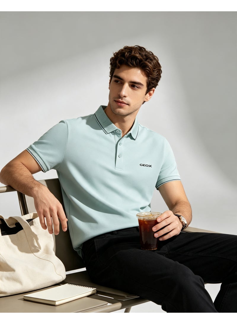 GEOX Men Classic Striped Collar Short Sleeve Polo Shirt Daily Business Casual Wear Light Mint Green - Image 1