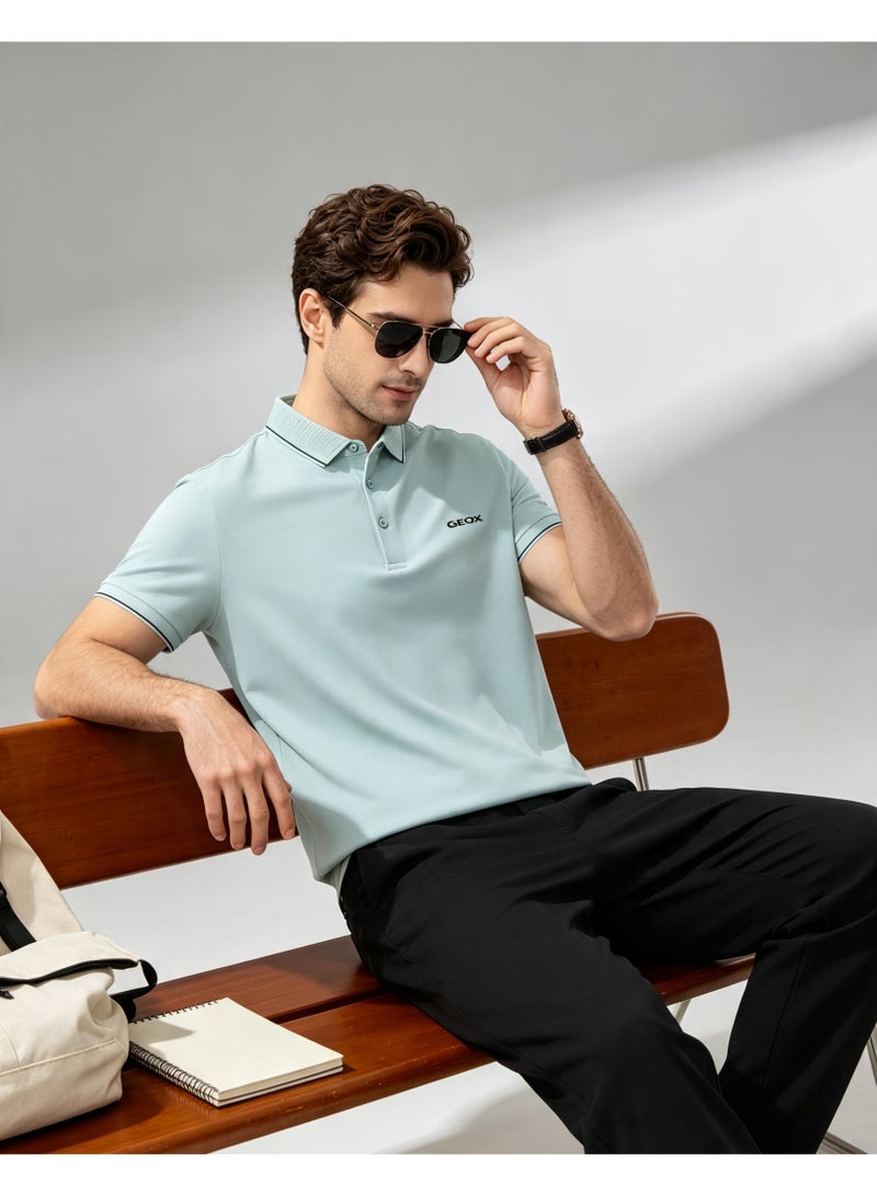 GEOX Men Classic Striped Collar Short Sleeve Polo Shirt Daily Business Casual Wear Light Mint Green - Image 4