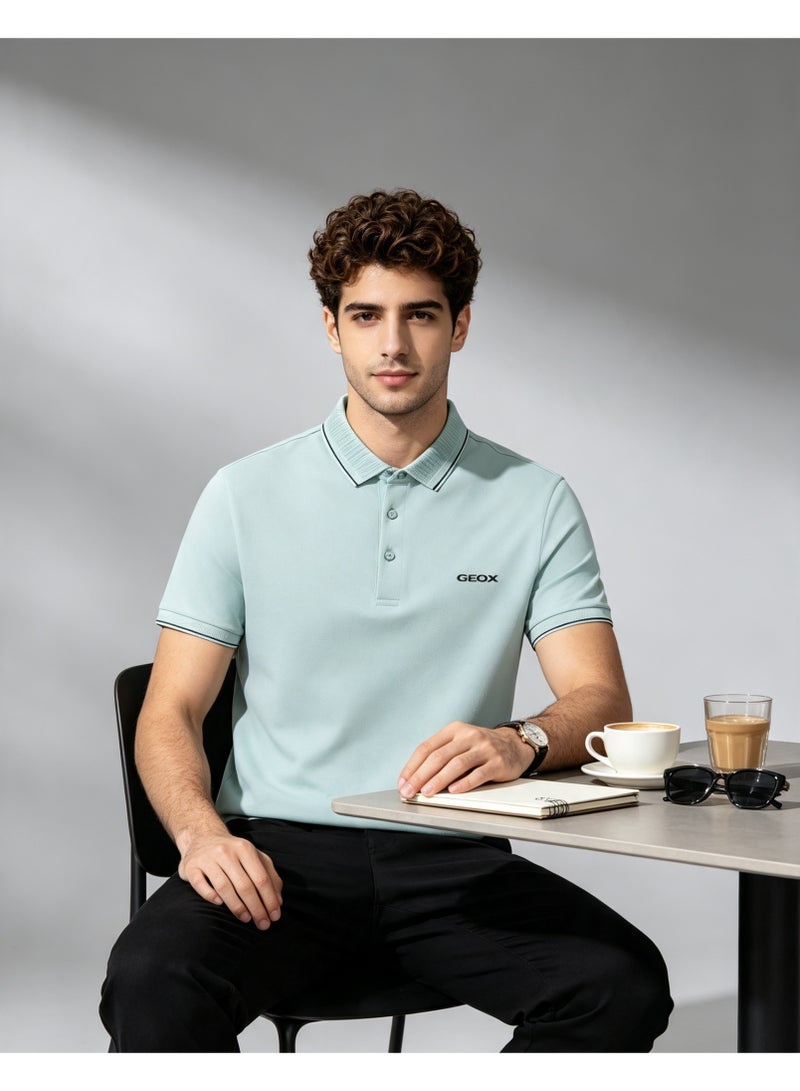 GEOX Men Classic Striped Collar Short Sleeve Polo Shirt Daily Business Casual Wear Light Mint Green - Image 2