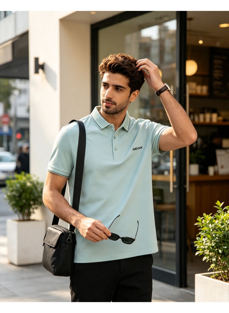 GEOX Men Classic Striped Collar Short Sleeve Polo Shirt Daily Business Casual Wear Light Mint Green - Image 5